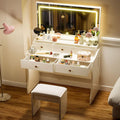 COMHOMA Makeup Vanity Desk with Mirror and Lights, Vanity Table and Chair Set with 5 Drawers & Charging Station, Modern Dressing Table for Girls, Stepless Dimmable & 3 Color Adjustable, Pearl White