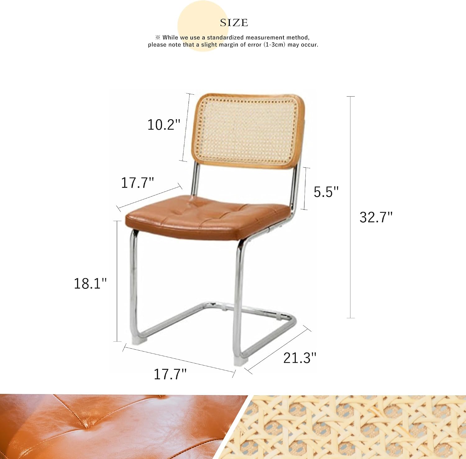 Cantilever Dining Chair, Single Modern Armless Chair with Chrome Steel Frame, PU Leather Seat and Rattan Backrest, 17.7" Seat Height Kitchen & Dining Room Chair (Brown, Set of 2)
