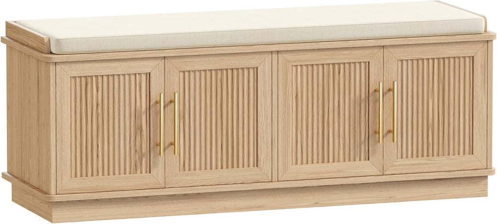 Akxomel Fluted Shoe Storage Bench with Cushion, 47.2" Entryway Bench with Adjustable Shelves and 4 Doors, Shoe Cabinet Bench with Curved Profile, for Hallway, Living Room, Bedroom, Natural Oak