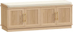 Akxomel Fluted Shoe Storage Bench with Cushion, 47.2" Entryway Bench with Adjustable Shelves and 4 Doors, Shoe Cabinet Bench with Curved Profile, for Hallway, Living Room, Bedroom, Natural Oak
