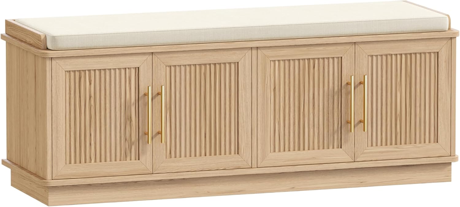 Akxomel Fluted Shoe Storage Bench with Cushion, 47.2" Entryway Bench with Adjustable Shelves and 4 Doors, Shoe Cabinet Bench with Curved Profile, for Hallway, Living Room, Bedroom, Natural Oak