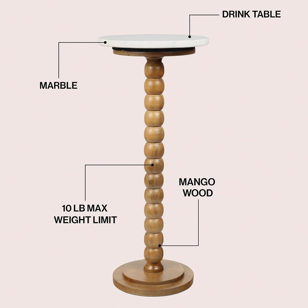 JONATHAN Y Monroe Wood and Marble Round Drink Table with Bobbin Spool Pedestal Base, 24.25" Tall Modern Accent Martini Table for Small Spaces, Living Room, Bedroom, Natural and White END3005B