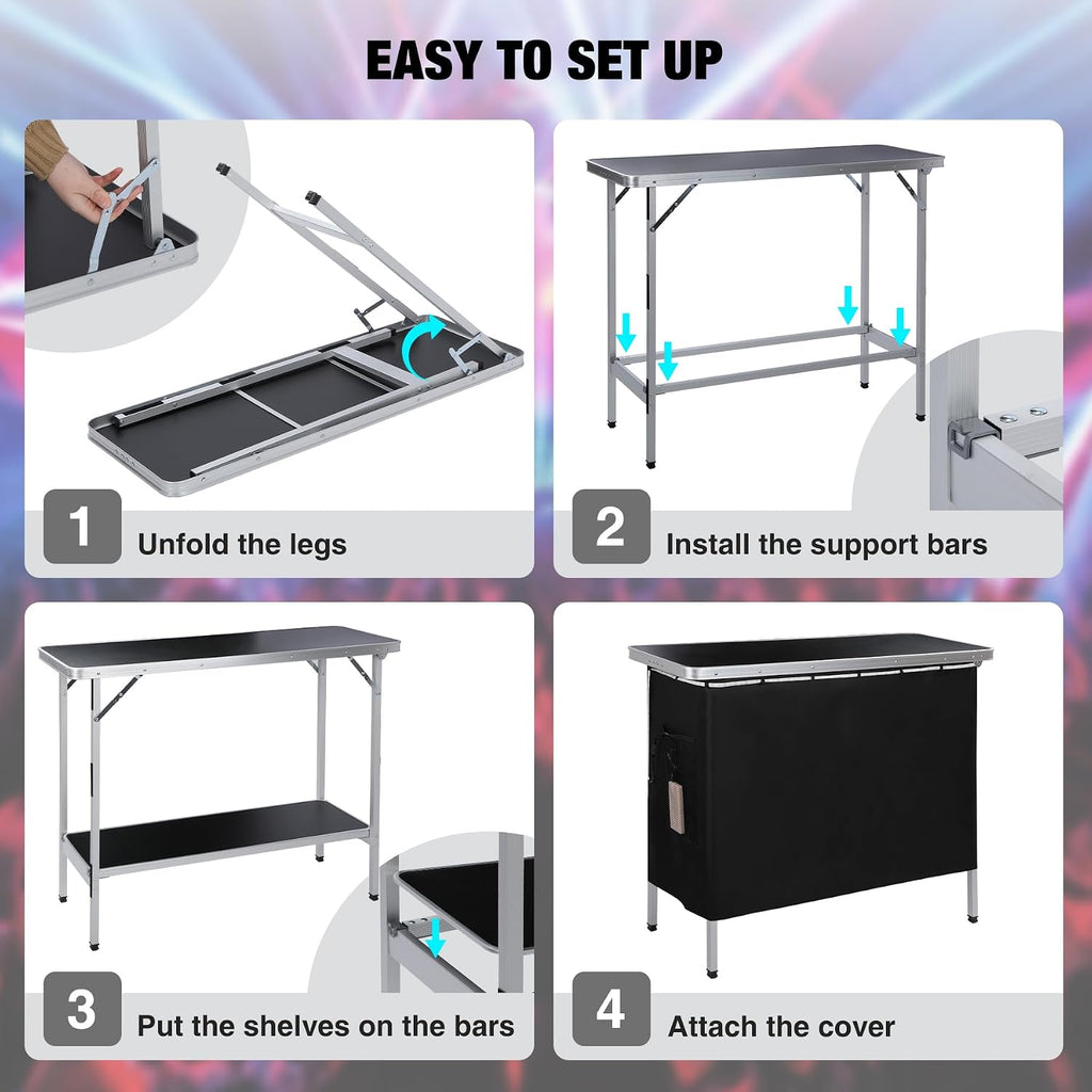 43" Long Portable Bar Table with Remote-Controlled Multi-Color LED Lights, Foldable Mobile Bartender Table for Party, 43"x33"x15" Storage Shelf, Waterproof MDF Top & Removable Skirt (Black)