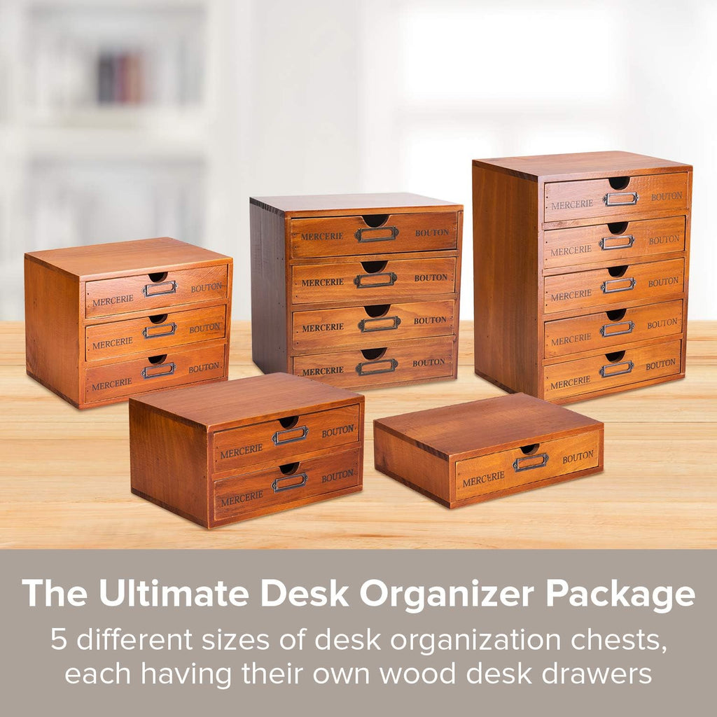 5-Piece Vintage Organization and Storage Set - Single Drawer, 2-Drawer, 3-Drawer, 4-Drawer & 5-Drawer Organizer Chests - Embroidery, Sewing, Arts and Craft Journaling - Stackable Modular Storage