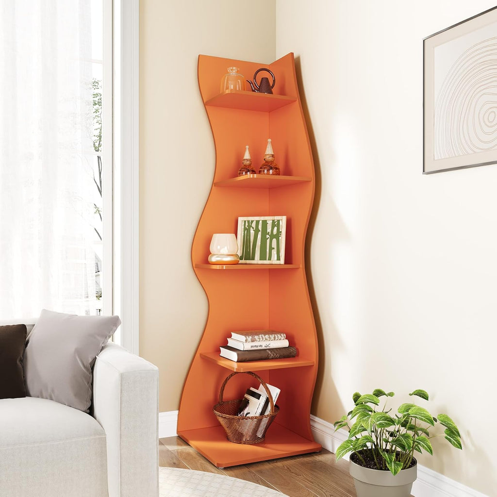 LITTLE TREE Small Corner Shelf, Modern 5-Tier Wall Corner Bookshelf, Stylish Bookcase Storage Rack for Small Space, Living Room, Bedroom