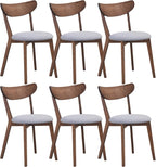 COSTWAY Dining Chairs Set of 6, Mid-Century Modern Kitchen & Dining Chairs with Curved Back and Cushioned Seat, Walnut Finished Wood Living Room Side Chairs for Kitchen, Dining Room, Bistro