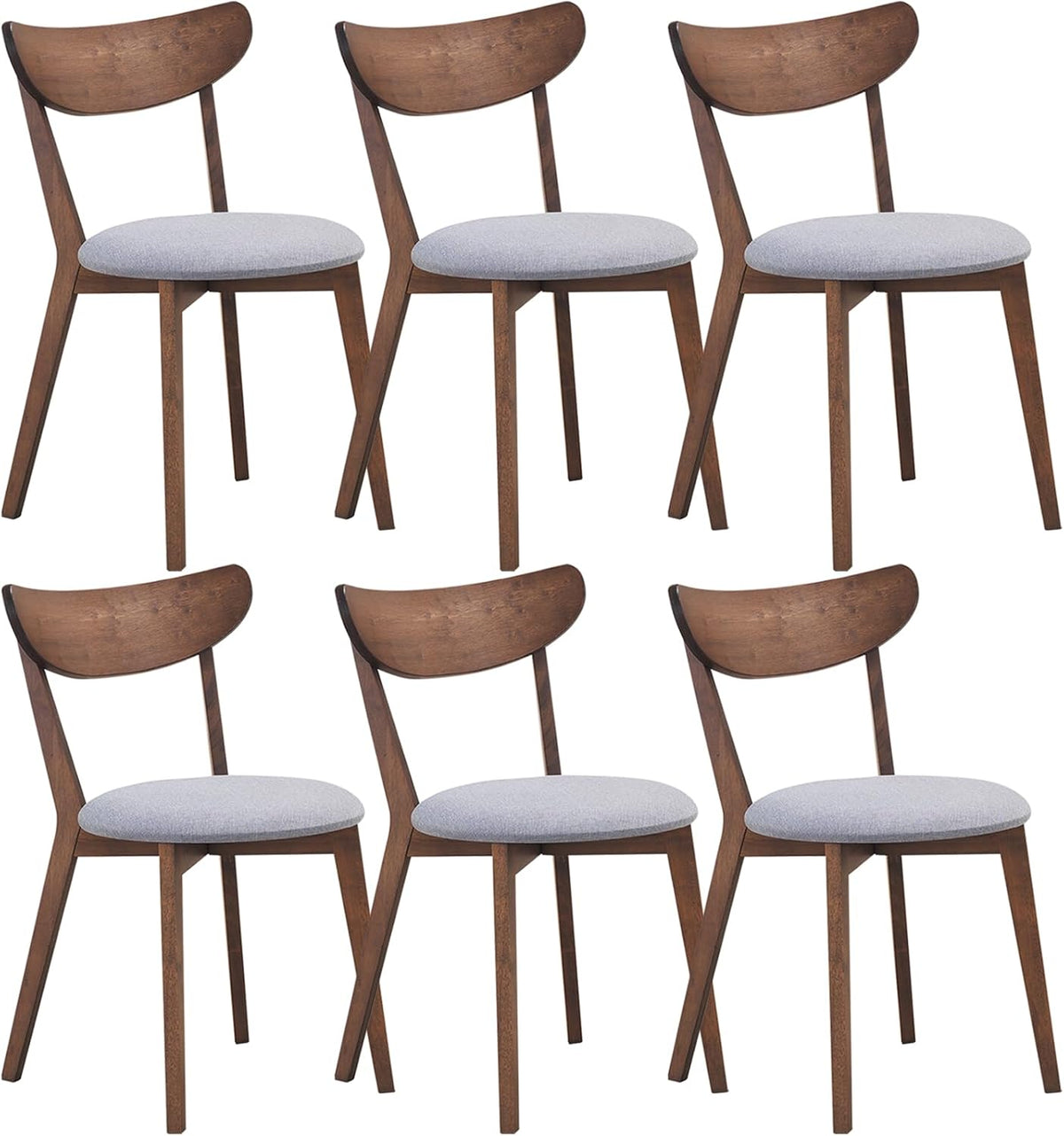 COSTWAY Dining Chairs Set of 6, Mid-Century Modern Kitchen & Dining Chairs with Curved Back and Cushioned Seat, Walnut Finished Wood Living Room Side Chairs for Kitchen, Dining Room, Bistro