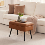 Square Storage Ottoman Upholstered Vanity Accent Stool Cognac Brown | Square Mid-Century Modern Accent Dining Makeup Piano Stool with Padded Upholstered Seat & Metal Legs for Living Room Bathroom