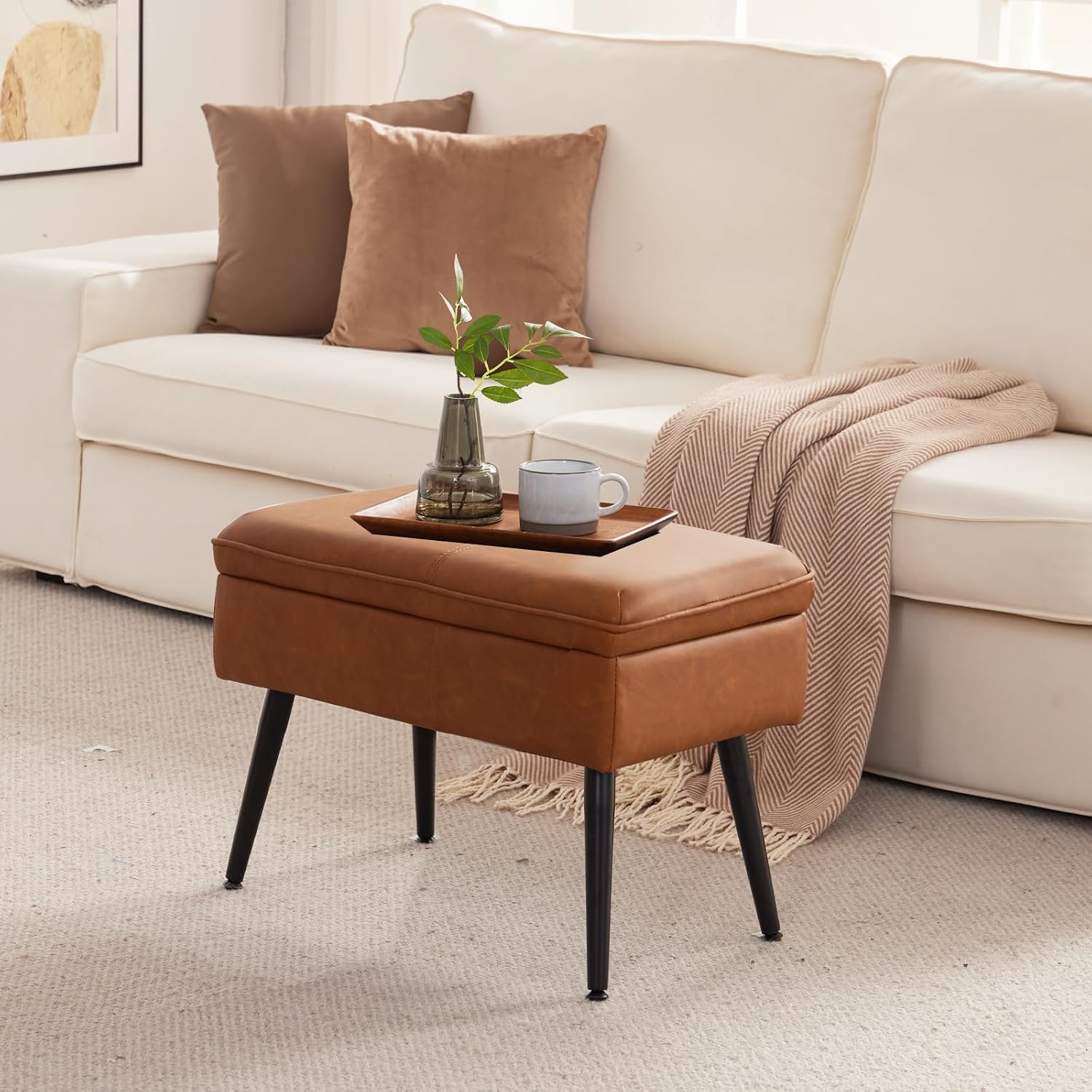 Square Storage Ottoman Upholstered Vanity Accent Stool Cognac Brown | Square Mid-Century Modern Accent Dining Makeup Piano Stool with Padded Upholstered Seat & Metal Legs for Living Room Bathroom