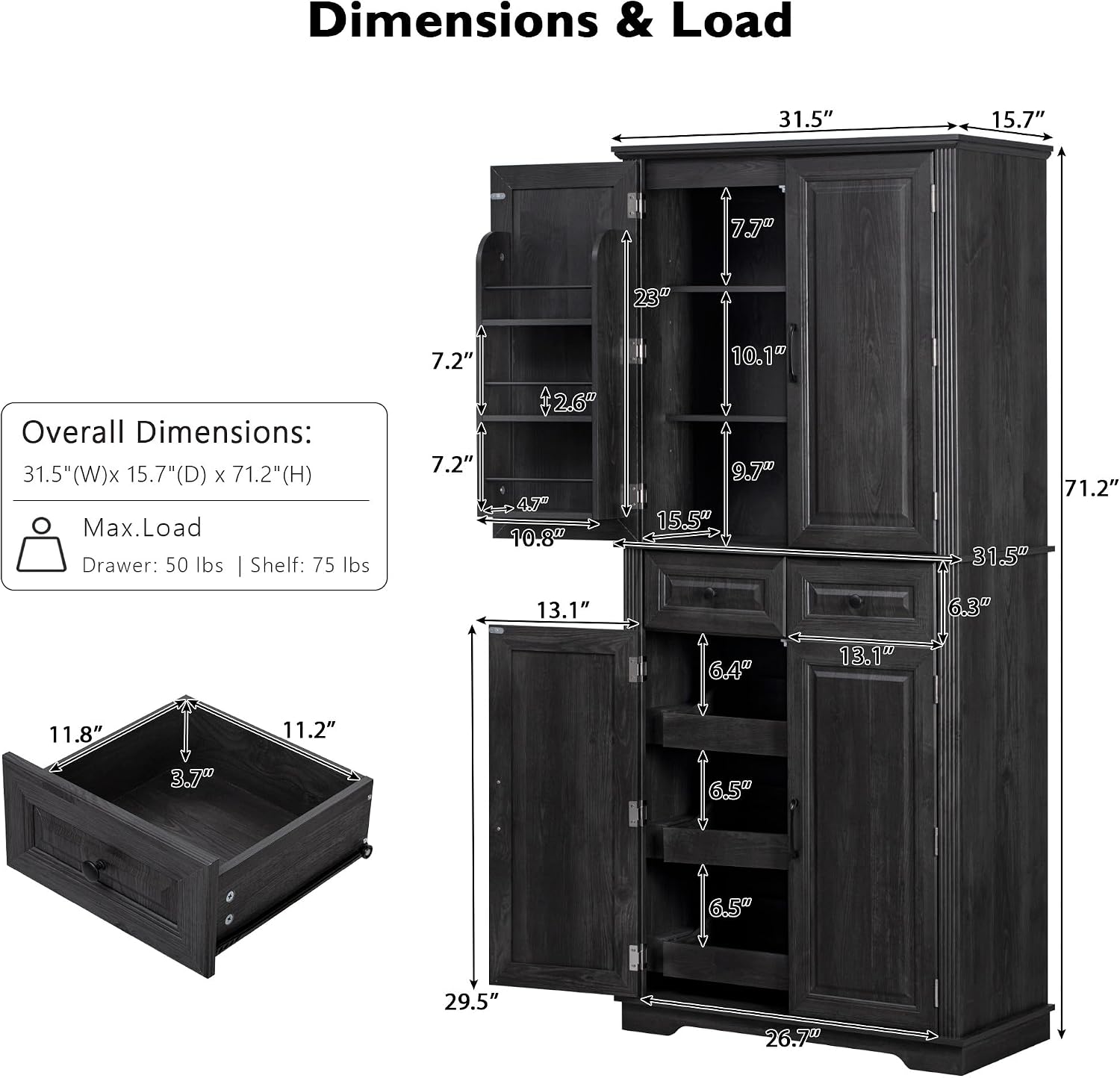 71" Tall Kitchen Pantry Cabinet with 3 Pull Out Cabinet Organizers, Farmhouse Embossed Texture Storage Cabine with 6 Door Shelves, 2 Drawers, Freestanding Cupboard for Kitchen, Dining Room (Black)