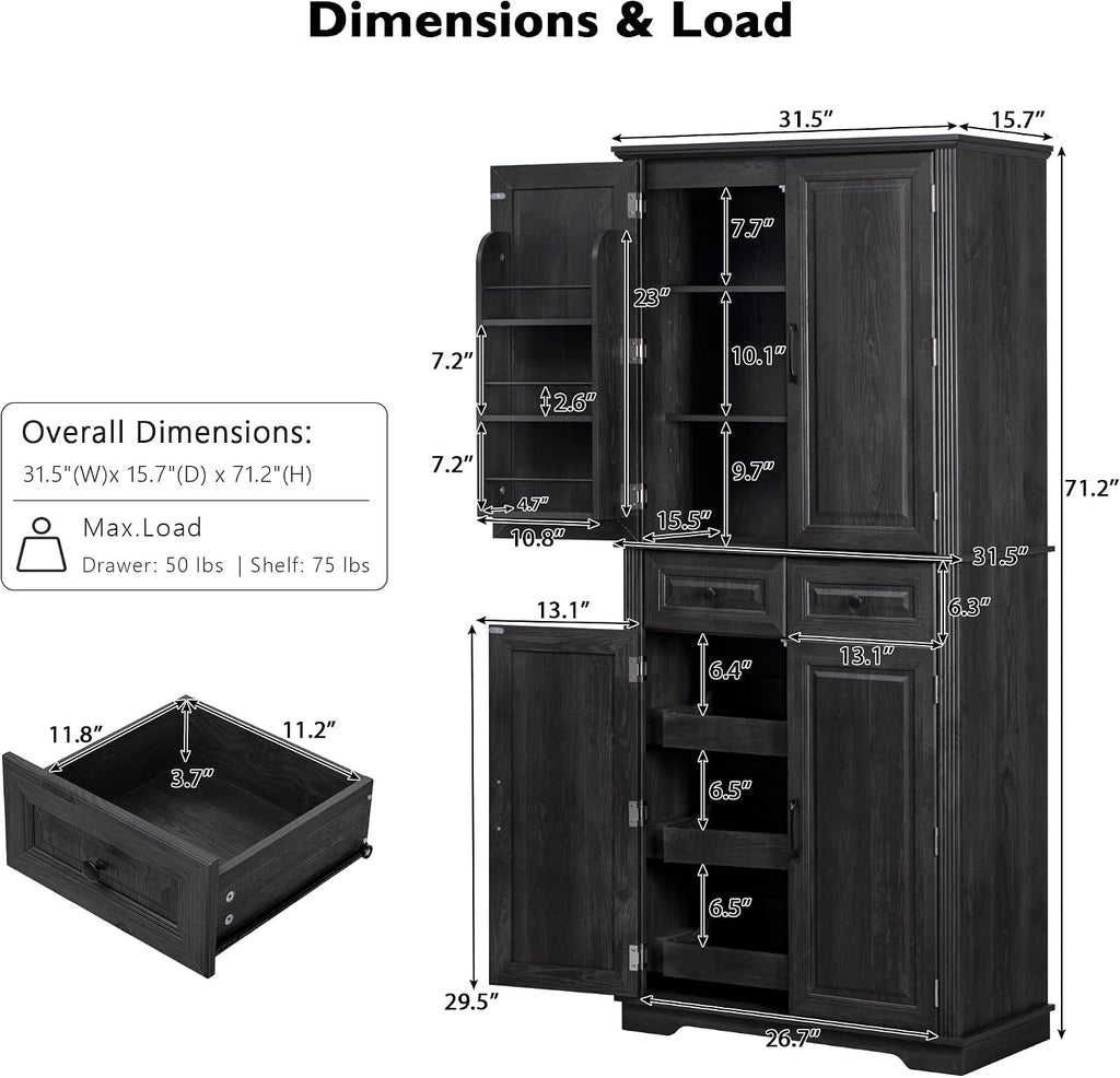 71" Tall Kitchen Pantry Cabinet with 3 Pull Out Organizers, Farmhouse Storage Cabinet with 6 Door Shelves,2 Drawers,Freestanding Cupboard for Kitchen Dining Room (Black-@01)