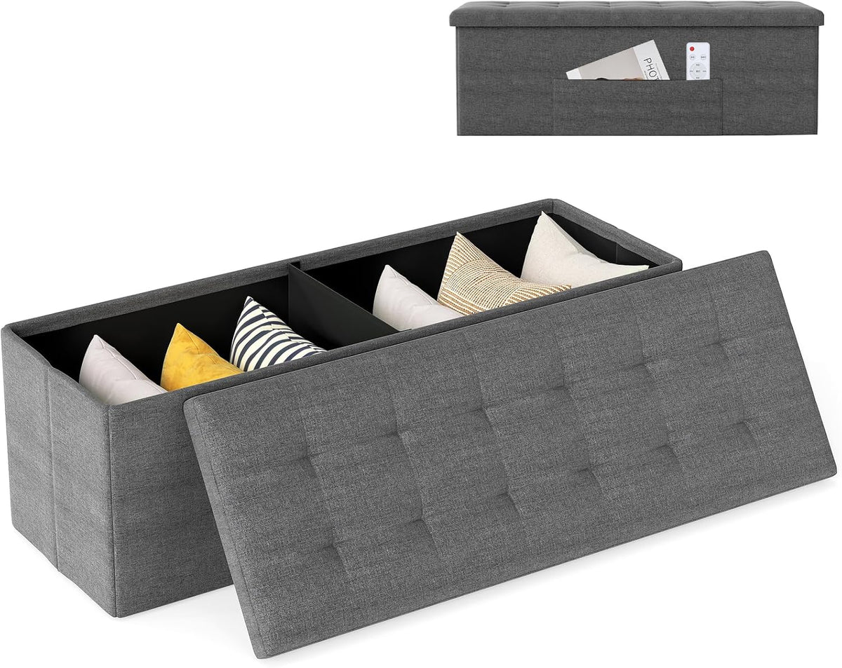 43" Folding Storage Ottoman Bench, End of Bed Foot Rest Stool with Removable Divider & Side Pocket, Storage Chest for Entryway, Living Room, Bedroom, 660 lbs Weight Capacity (Dark Grey)