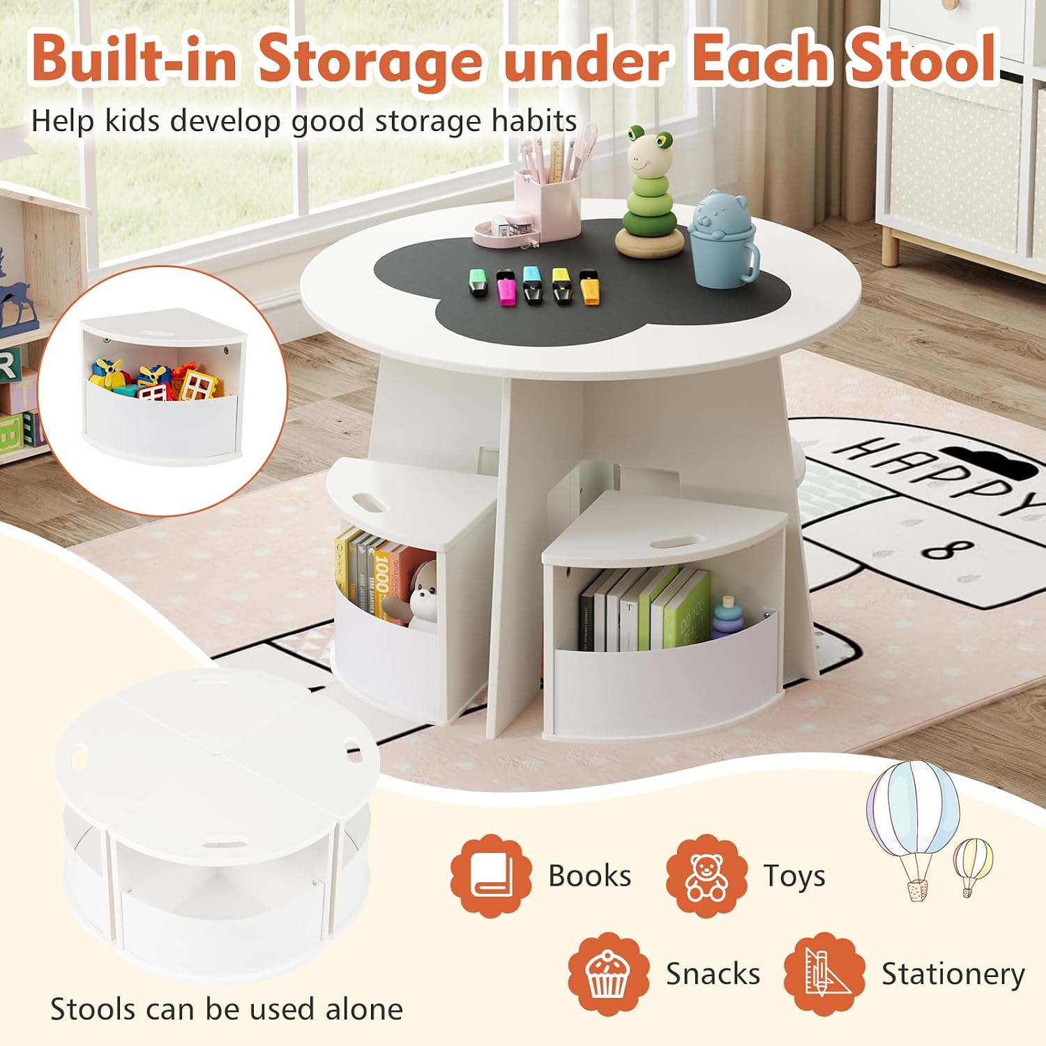 HONEY JOY White Kids Table and Chair Set, Children Activity Play Table with 4 Storage Stools for Art Craft, Nesting Design Toddler Table and Chair Set for Playroom, Daycare, Gift for Boys Girls