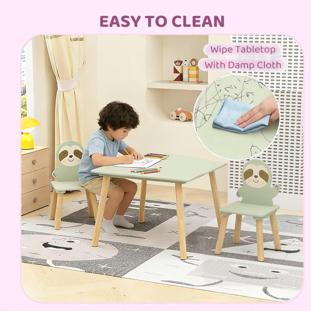 Kids Table and Chair Set with 2 Sloth Chairs 23.6" x 23.6" x 17.3" Solid Wood Table & Chairs in Sage Green & Natural Wood