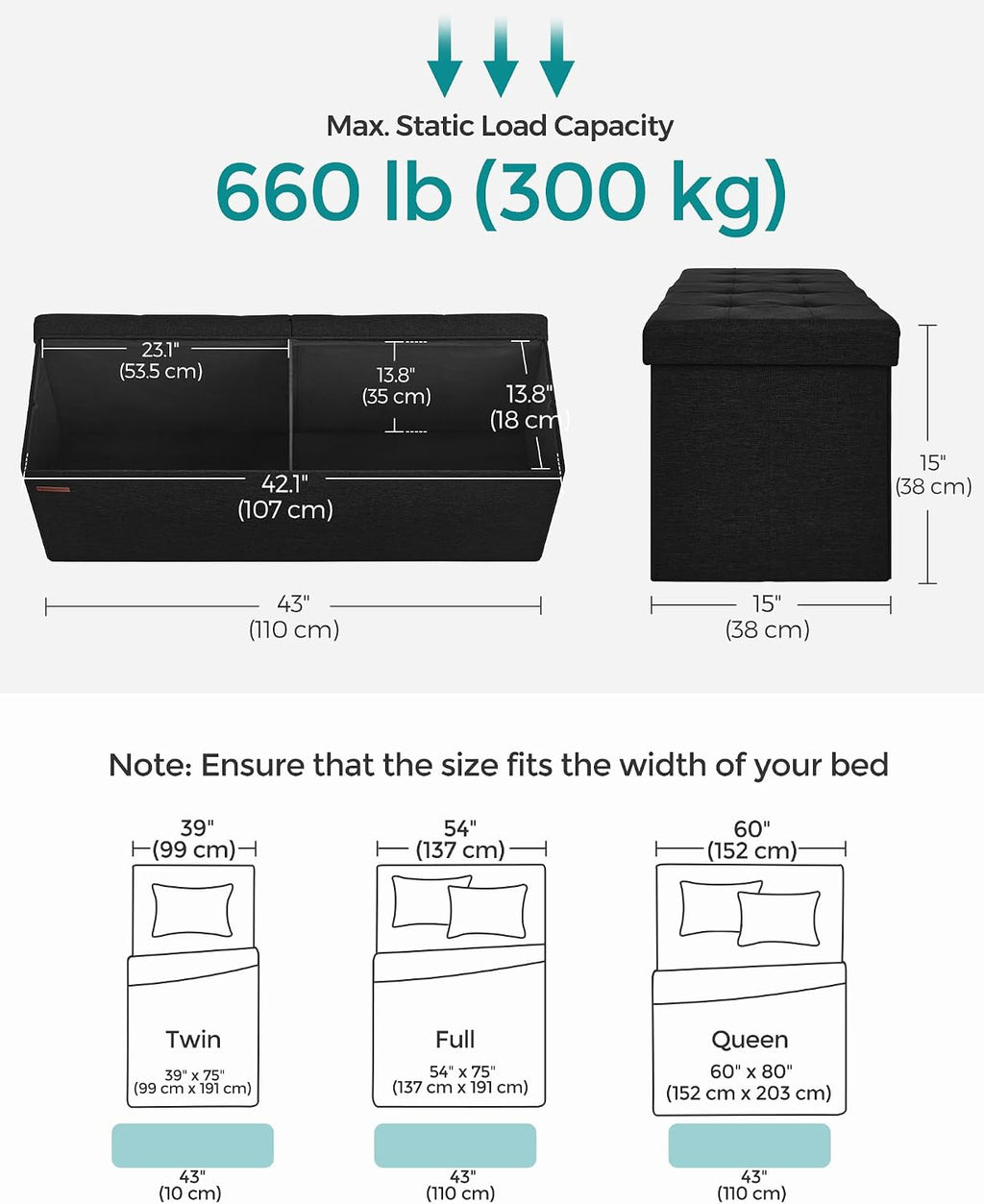 SONGMICS 43.3 Inches Folding Storage Ottoman Bench, Load 660 lb | Ottoman Foot Rest, Storage Chest, for Living Room, Entryway, Ink Black, MINOTA Collection ULSF077B01