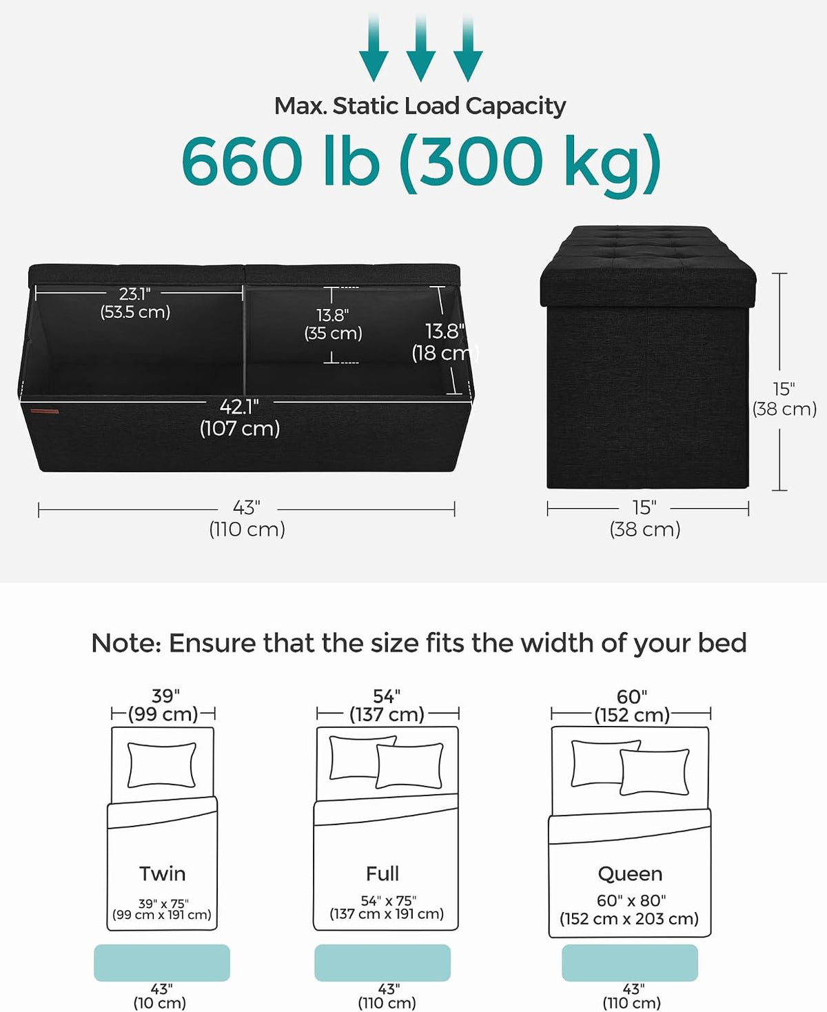 SONGMICS 43.3 Inches Folding Storage Ottoman Bench, Load 660 lb | Ottoman Foot Rest, Storage Chest, for Living Room, Entryway, Ink Black, MINOTA Collection ULSF077B01