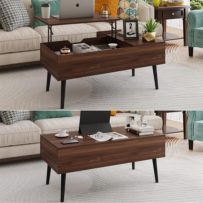 HAIOOU Lift Top Coffee Table with Storage, Mid Century Modern Coffee Tables with Drawer for Living Room,Walnut Rectangular Center Table with Pine Leg Anti-Scratching, Home, Office