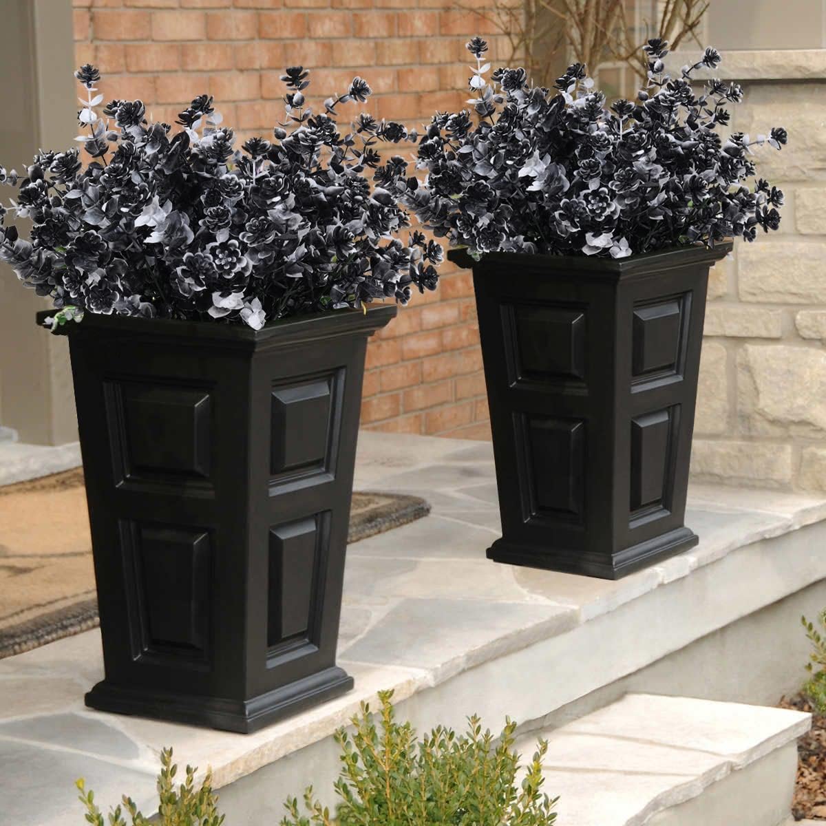 Black Artificial Flowers, Fake Outdoor UV Resistant Plants Faux Plastic Greenery Shrubs Indoor Outside Hanging Planter Home Kitchen Office Wedding, Garden Decor (White+Black)