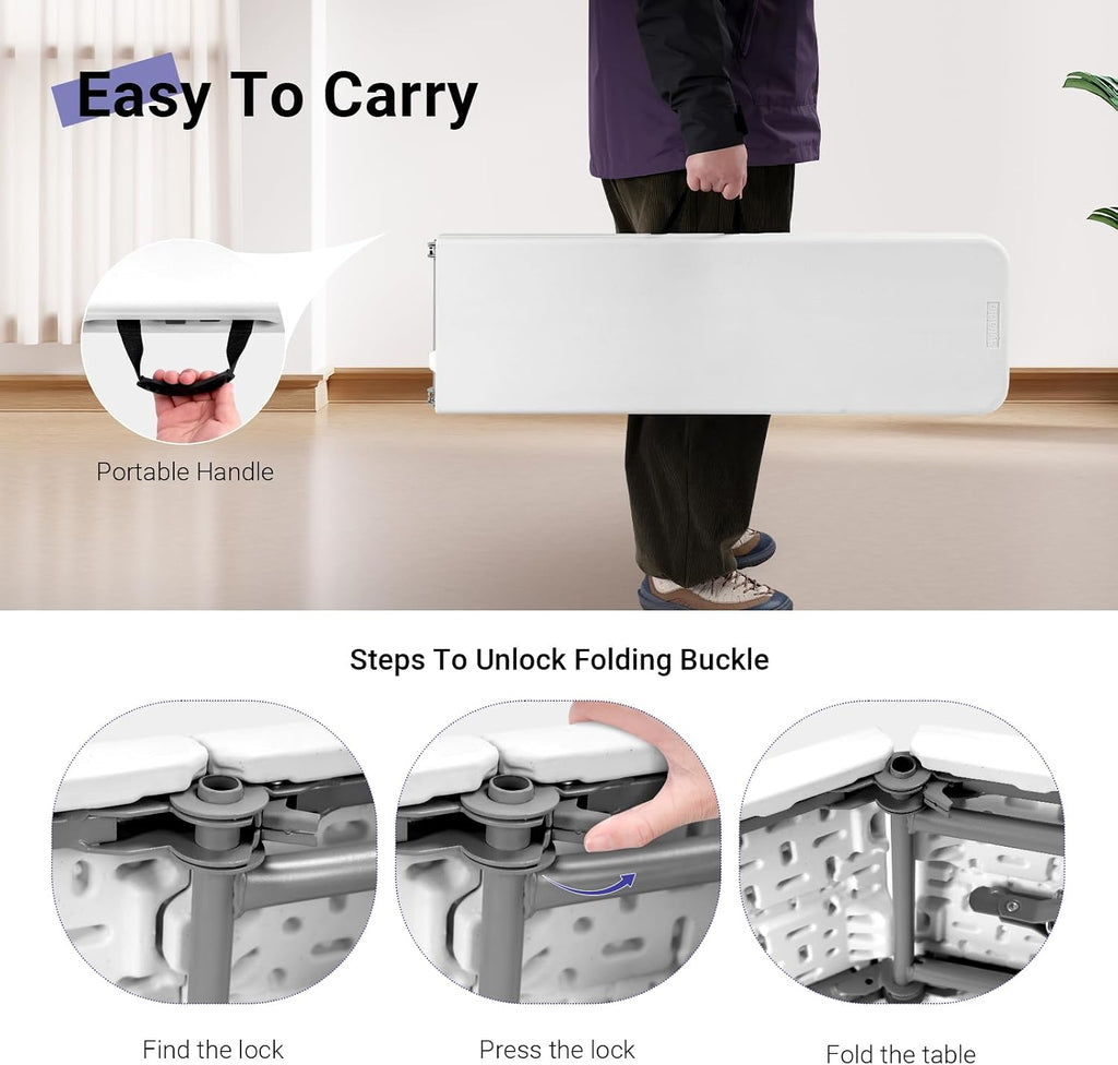 Folding Bench 6ft,Portable Plastic Bench Seat with Handle,White,2 Pack | Heavy Duty HDPE,Powder-Coated Steel Legs,Strong Weight Support,Indoor Outdoor for Parties,Gatherings,Dining,Camping,Events