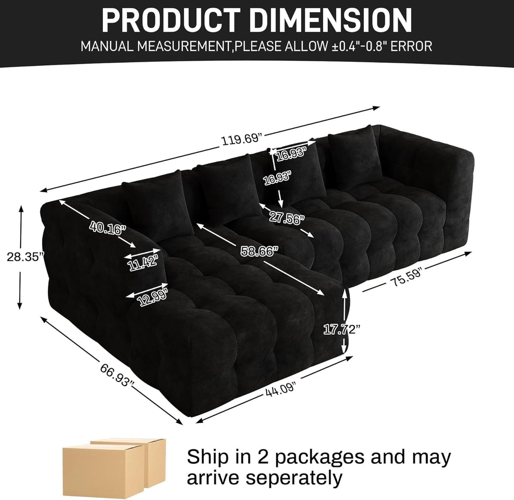 120" Oversized Modular Sectional Couch,Cloud Sectional Sofa with Deep Seat, Modern Modular Couch with 4 Throw Pillows,L-Shaped Chenille Sofa Couches with Left Facing Chaise for Living Room, Black