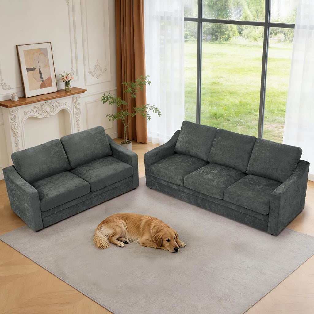 2 Pieces Chenille Sofa Set w/Soft Back Cushion, Grey | Modern 2 Seat & 3 Seats Couch Set w/Deep Seat Space, Upholstered Love Seat & Sofa w/High Density Foam for Living Room