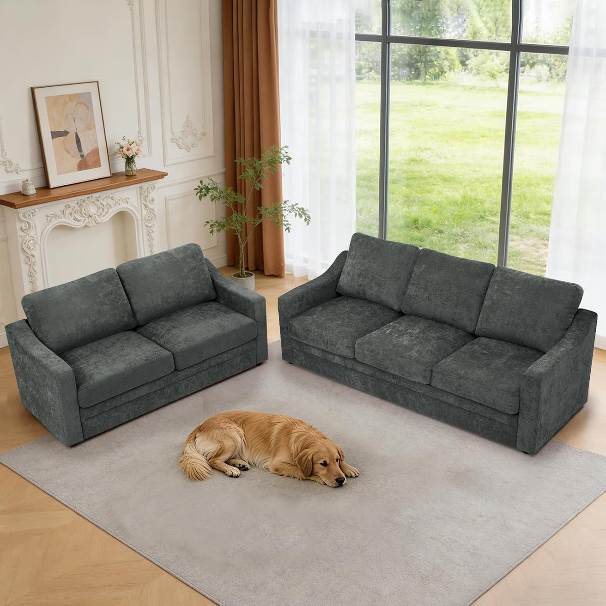 2 Pieces Chenille Sofa Set w/Soft Back Cushion, Grey | Modern 2 Seat & 3 Seats Couch Set w/Deep Seat Space, Upholstered Love Seat & Sofa w/High Density Foam for Living Room