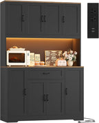 HITHOS 70" LED Kitchen Pantry Cabinet with Charging Station, 47" Wide Pantry Storage Cabinet with Large Microwave Stand, Modern Kitchen Hutch with Drawers for Dining Room, Black