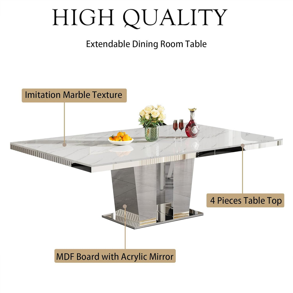 94.5“ Rectangular Dining Table for 6 8 10, Modern White Extendable Kitchen Table, Large Long Dining Room Table with Mirrored Pedestal for Dining Kitchen Living Room