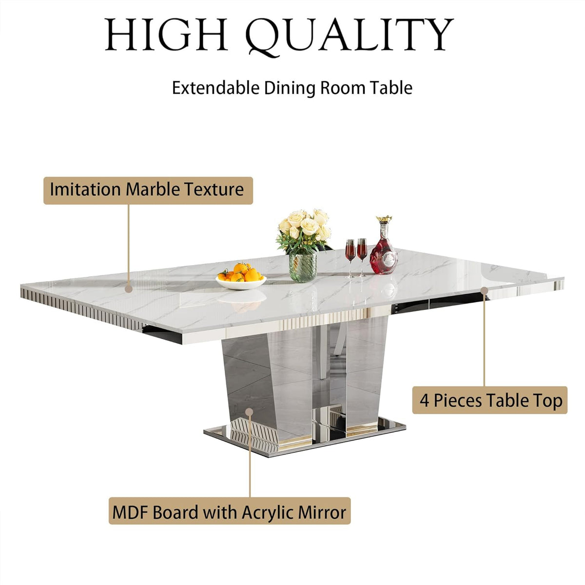 94.5“ Rectangular Dining Table for 6 8 10, Modern White Extendable Kitchen Table, Large Long Dining Room Table with Mirrored Pedestal for Dining Kitchen Living Room