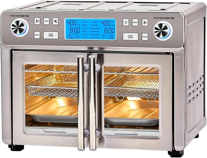 Dual Zone 360 Air Fryer Oven Combo with French Door, 25 QT Extra Large, Cook Two Foods in Different Ways, Up to 60% Faster from Frozen to Finish