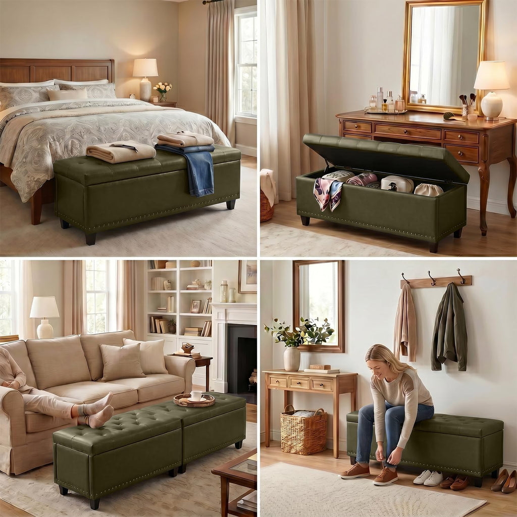 Tbfit 50.8" Large Storage Ottoman Bench with Button-Tufted Top, Blue PU Faux Leather End of Bed Chest with Safety Hinge and Rivets for Bedroom, Living Room (Green PU)