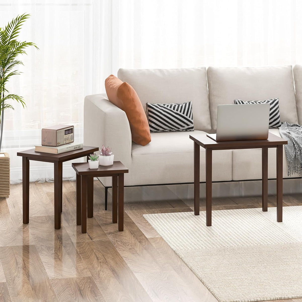 Giantex Nesting Tables Set of 3, Farmhouse Stacking Side Table with Rubber Legs, Wooden Rectangle Accent End Table, Nesting Coffee Tables for Living Room Bedroom (Walnut)