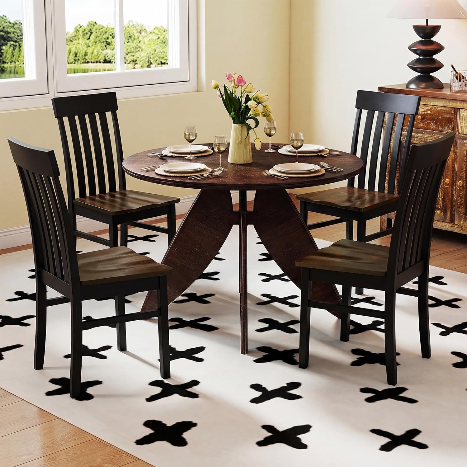 GIANTEX Wooden Dining Chairs Set of 4, Hollowed Backrest & Rubber Wood Seat | Farmhouse Kitchen Chair for Casual Dining, Rustic Wood Side Chairs for Home Living Room Restaurant, Black & Walnut
