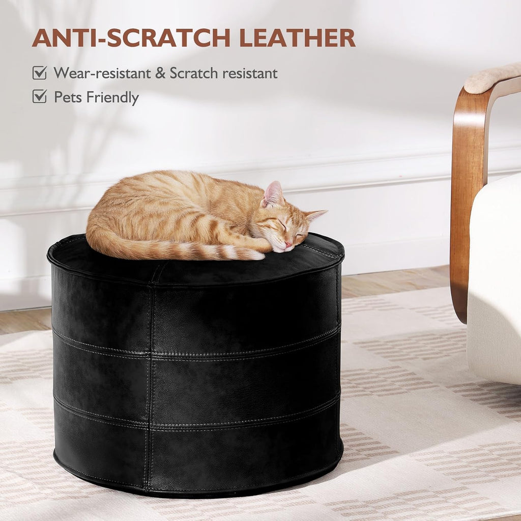 Leather Ottoman,Handmade Stuffed Square Ottoman,Genuine Leather Pouf, Foot Rest Pouf,Comfortable Soft Seating for Living Room & Bedroom (Black, Round)