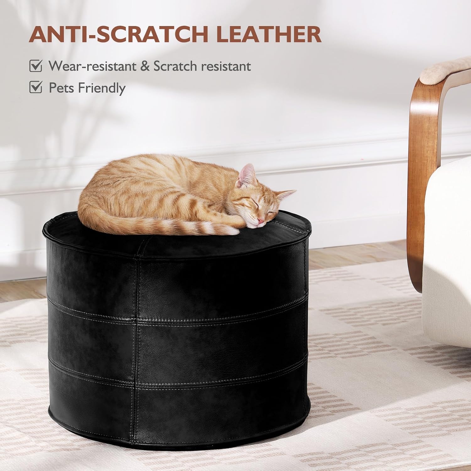 Leather Ottoman,Handmade Stuffed Square Ottoman,Genuine Leather Pouf, Foot Rest Pouf,Comfortable Soft Seating for Living Room & Bedroom (Black, Round)