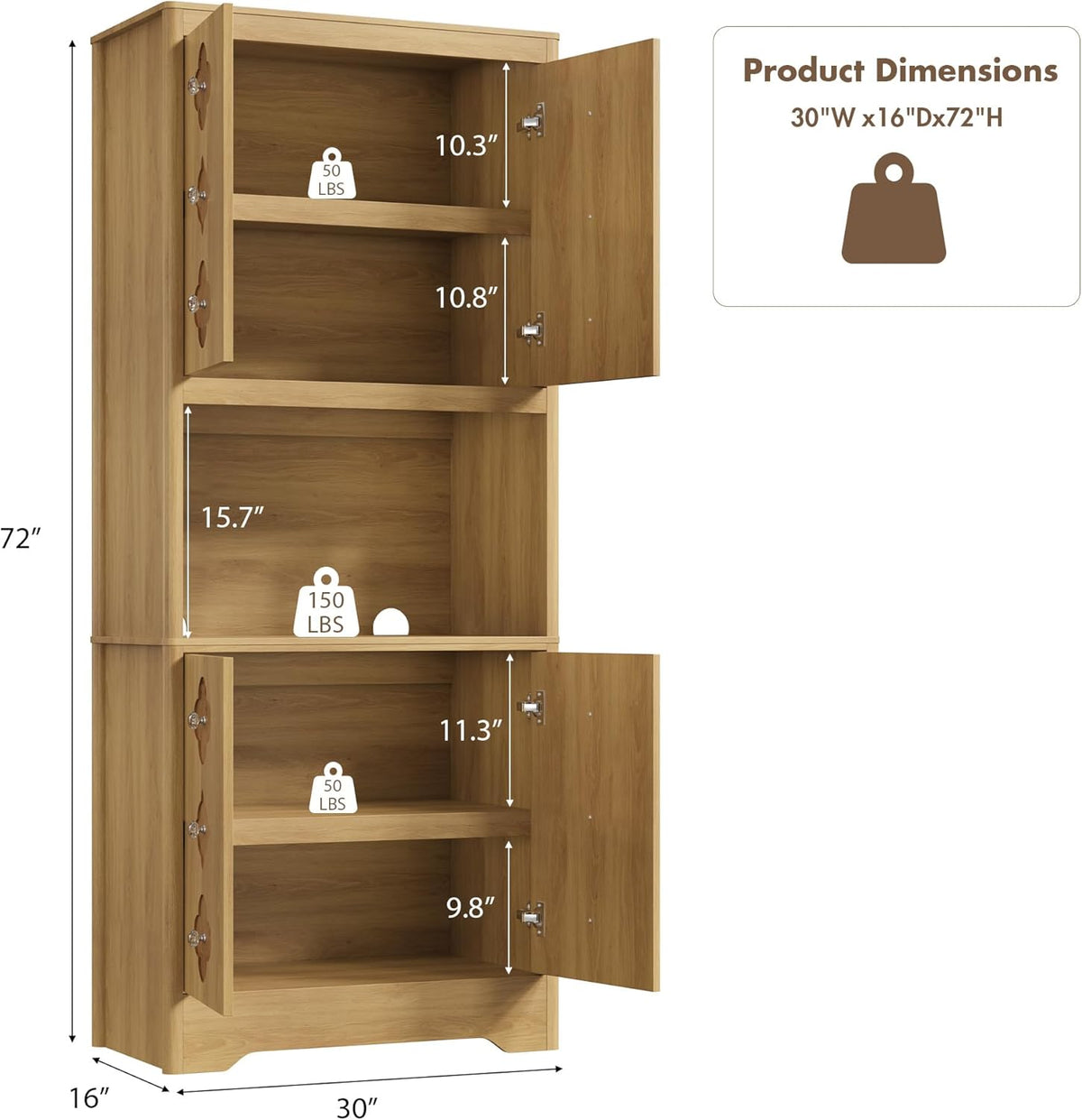Garvee 72" Tall Pantry Cabinet, Kitchen Hutch Storage Cabinet with Countertop for Microwave, Freestanding Wooden Cupboard with Carved Door & Crystal Handle, for Dining Room, Living Room, Light Oak