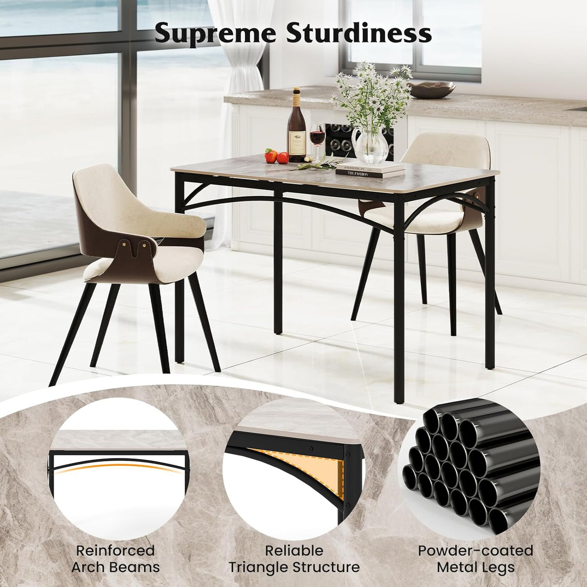 GOFLAME 43” Sintered Stone Dining Table for 4, Rectangular Kitchen Table with Faux Marble Tabletop and Metal Frame, Modern Dining Room Table for Kitchen, Living Room, Restaurant