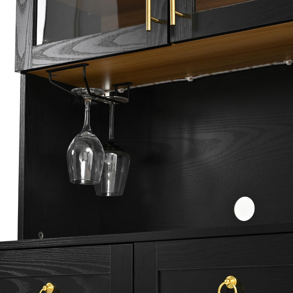 74.8" Tall Arched Kitchen Pantry with Power Outlet & LED Light, Kitchen Storage Hutch with Adjustable Shelves, Tall Cupboard for Dining Room, Bathroom (Black-TA)