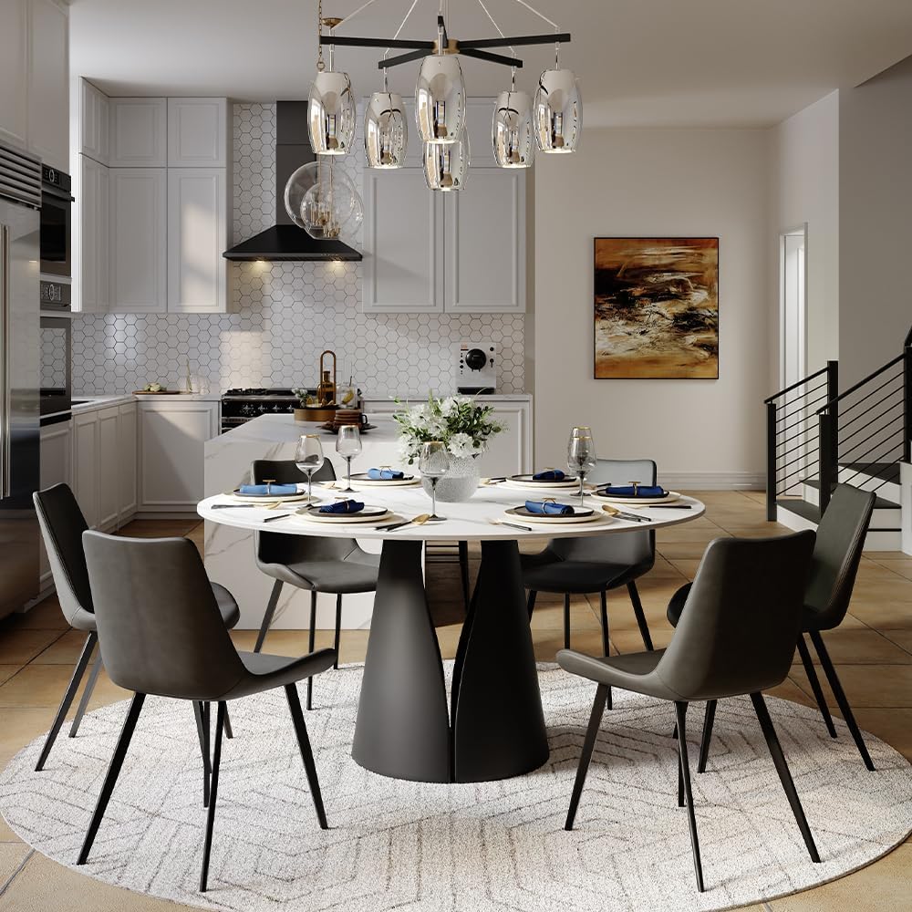 POVISON 59" Modern Round Dining Table, Marble Round Dining Room Table for 6, Matte White Sintered Stone Tabletop with Black Carbon Steel Pedestal, Circle Dining Table for Kitchen Room (Table Only)