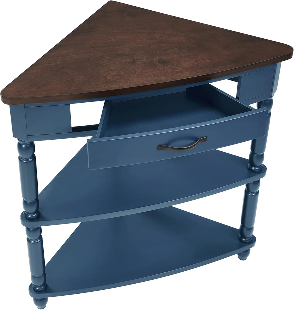 33.86" Corner Table, Wood 3 Tier Triangle Side Table Corner Shelf Stand with Solid Wood Legs 1 Drawer & 2 Storage Shelves for Living Room Small Space (Navy Blue)