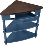 33.86" Corner Table, Wood 3 Tier Triangle Side Table Corner Shelf Stand with Solid Wood Legs 1 Drawer & 2 Storage Shelves for Living Room Small Space (Navy Blue)
