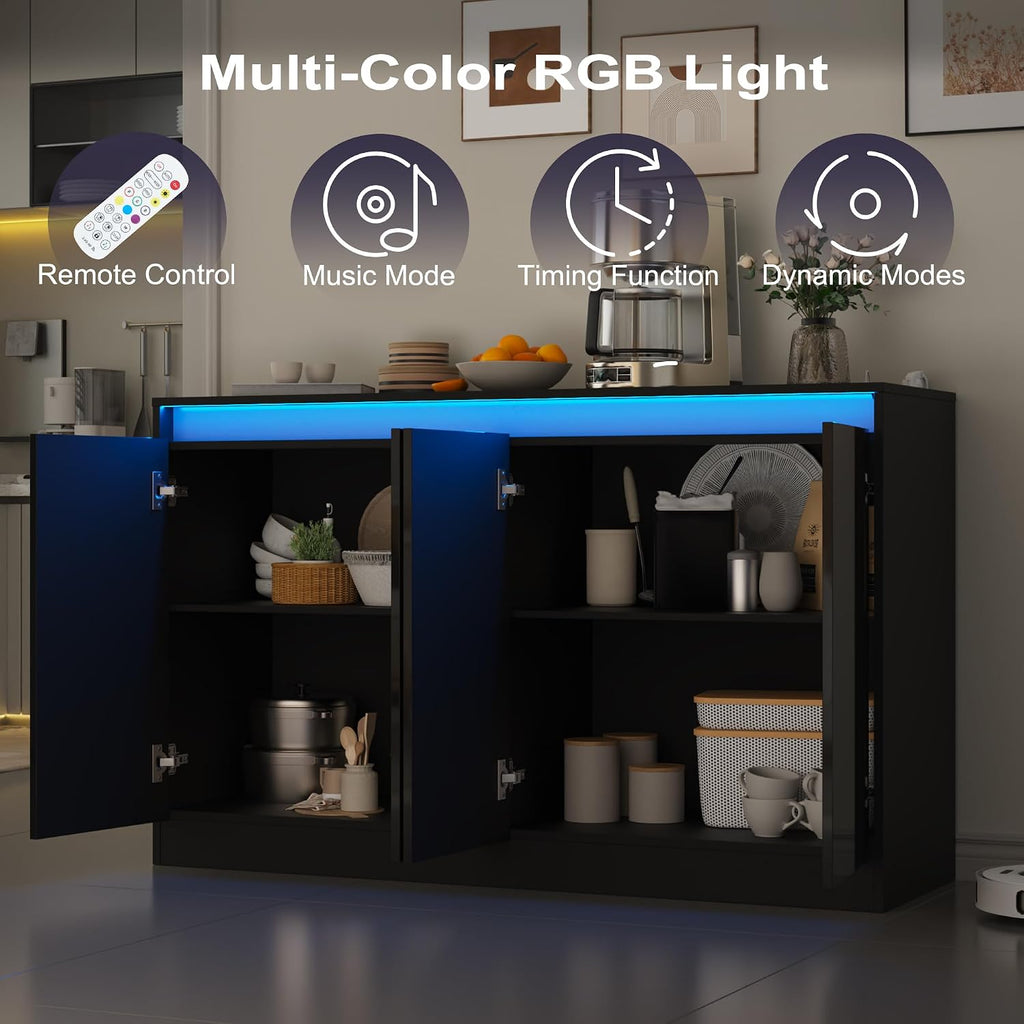 Furnify 51" W Buffet Cabinet with 4 Doors, High Gloss Sideboard Coffee Bar with LED Lights & Charging Station, Handless Modern Sideboard Storage Cabinet for Living Room, Entryway, Black