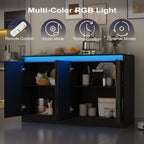 Furnify 51" W Buffet Cabinet with 4 Doors, High Gloss Sideboard Coffee Bar with LED Lights & Charging Station, Handless Modern Sideboard Storage Cabinet for Living Room, Entryway, Black