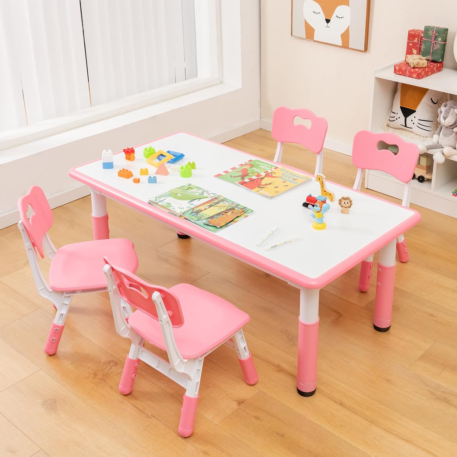 KOTEK Kids Table and Chairs Set of 4, Height Adjustable Children Activity Table & Play Table with Graffiti Desktop, Toddler Table and Chair Set for Daycare, Playroom, Home, Preschool (Pink)