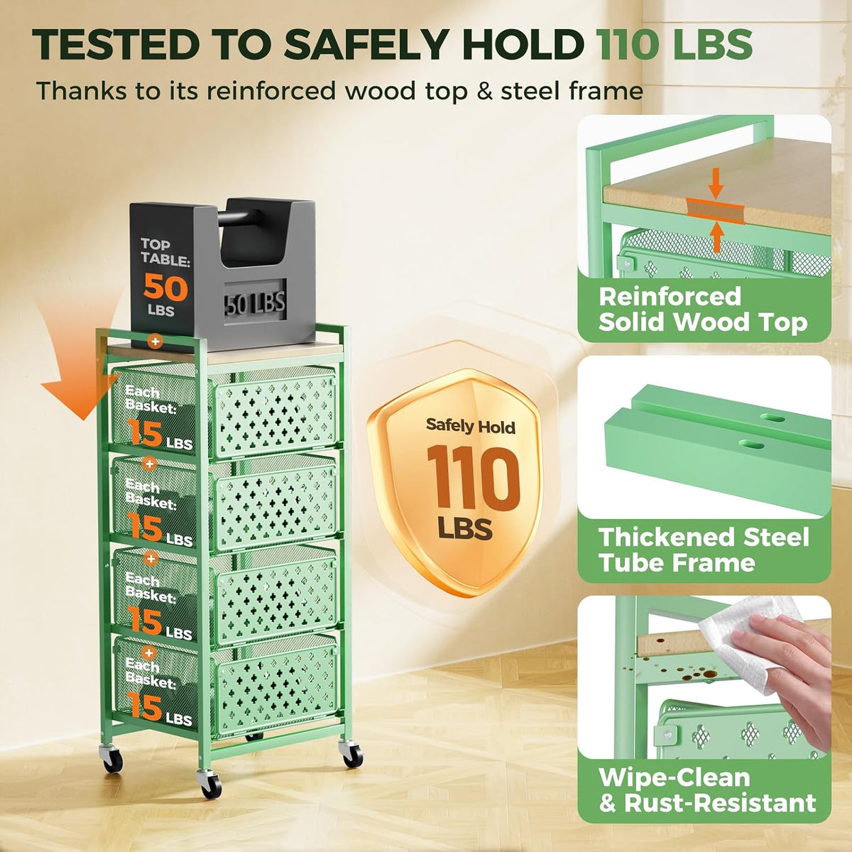 5 Tier Kitchen Storage Cart with Wheels, Utility Fruit Vegetable Storage Rack Stand with Pull-Out Baskets & Wood Top, Metal 4-Drawers Rolling Snack Cart, Kitchen Cart for Potato Onion(Green)