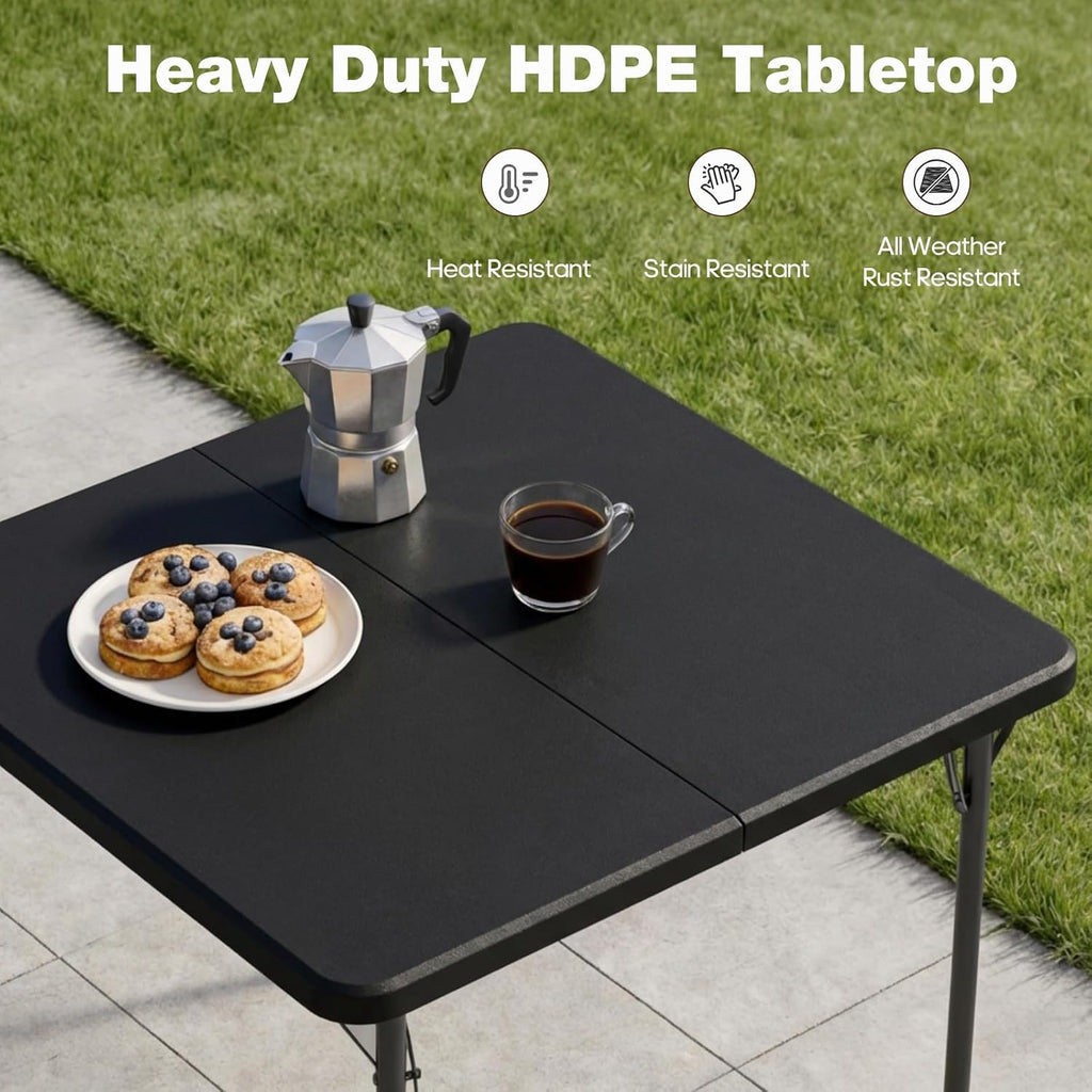 34" Square Folding Table for 4 Person, 330lbs Weight Capacity Foldable Table with HDPE Tabletop & Heavy-Duty Steel Legs, Large Portable Picnic Table for Indoor Outdoor Parties, Camping, Black