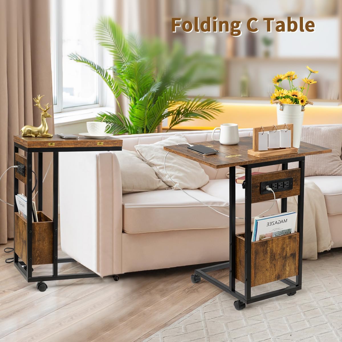 Hadulcet C Shaped End Table with Charging Station & Foldable Tabletop, Folding TV Tray Table with Storage, Laptop Table for Couch, C Table for Sofa, Living Room Bedroom Small Spaces, Rustic Brown