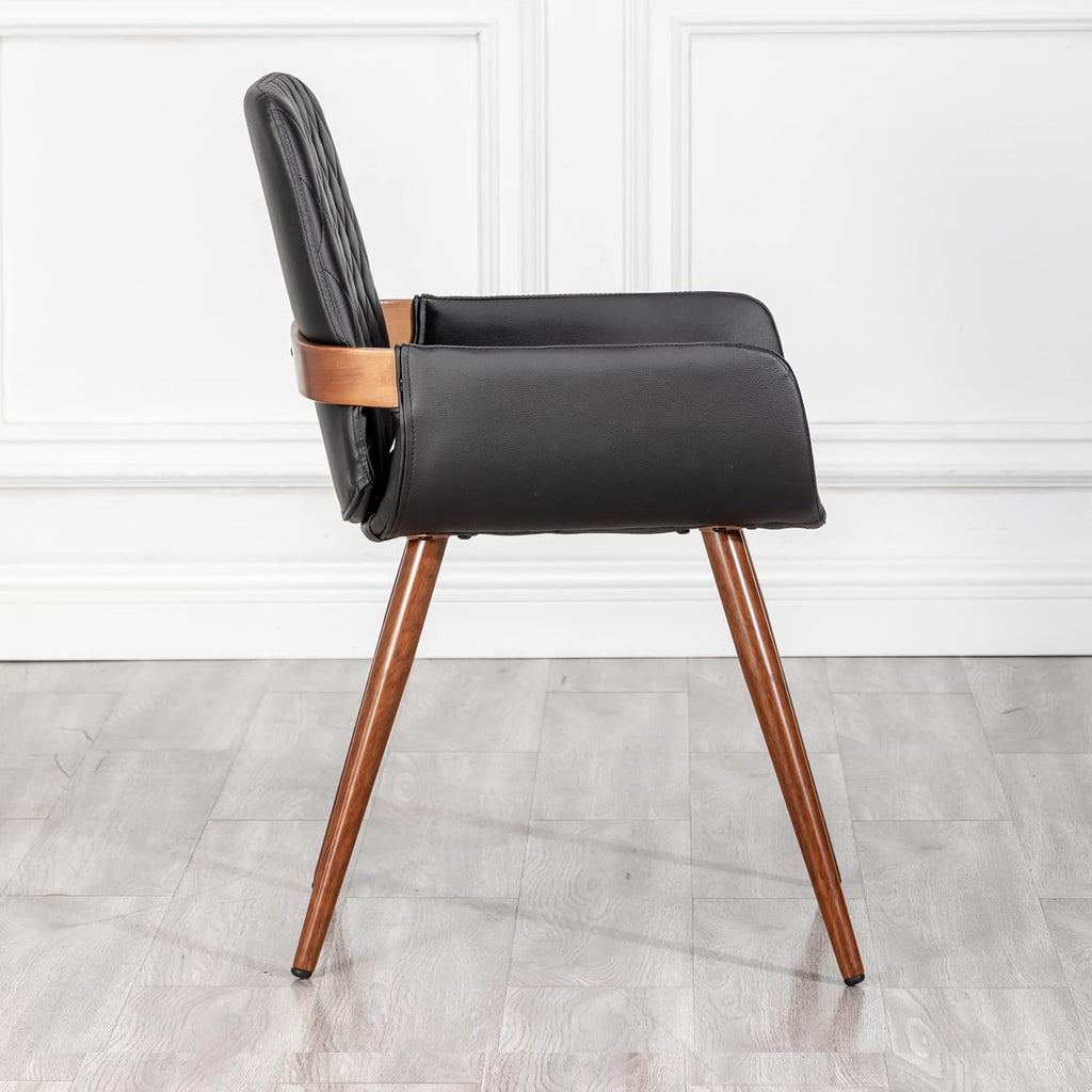 LUNLING Mid Century Modern Faux Leather Dining Chairs Set of 2, Black, Upholstered Seat, Metal Legs, Adjustable Foot for Kitchen Dining Room Desk Chairs