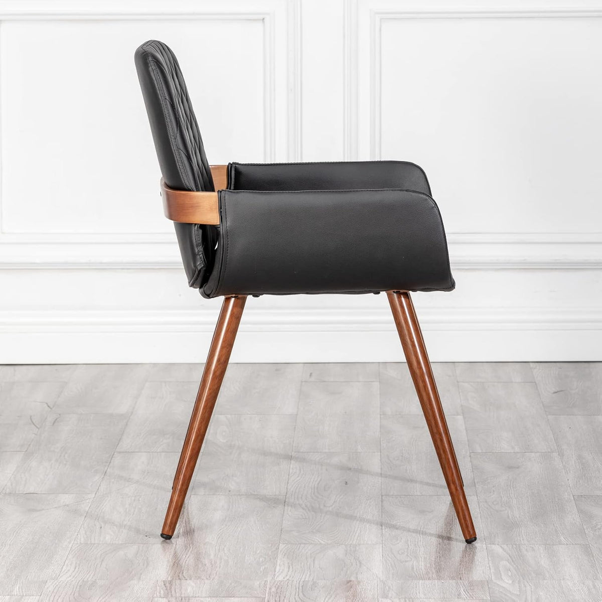 LUNLING Mid Century Modern Faux Leather Dining Chairs Set of 2, Black, Upholstered Seat, Metal Legs, Adjustable Foot for Kitchen Dining Room Desk Chairs