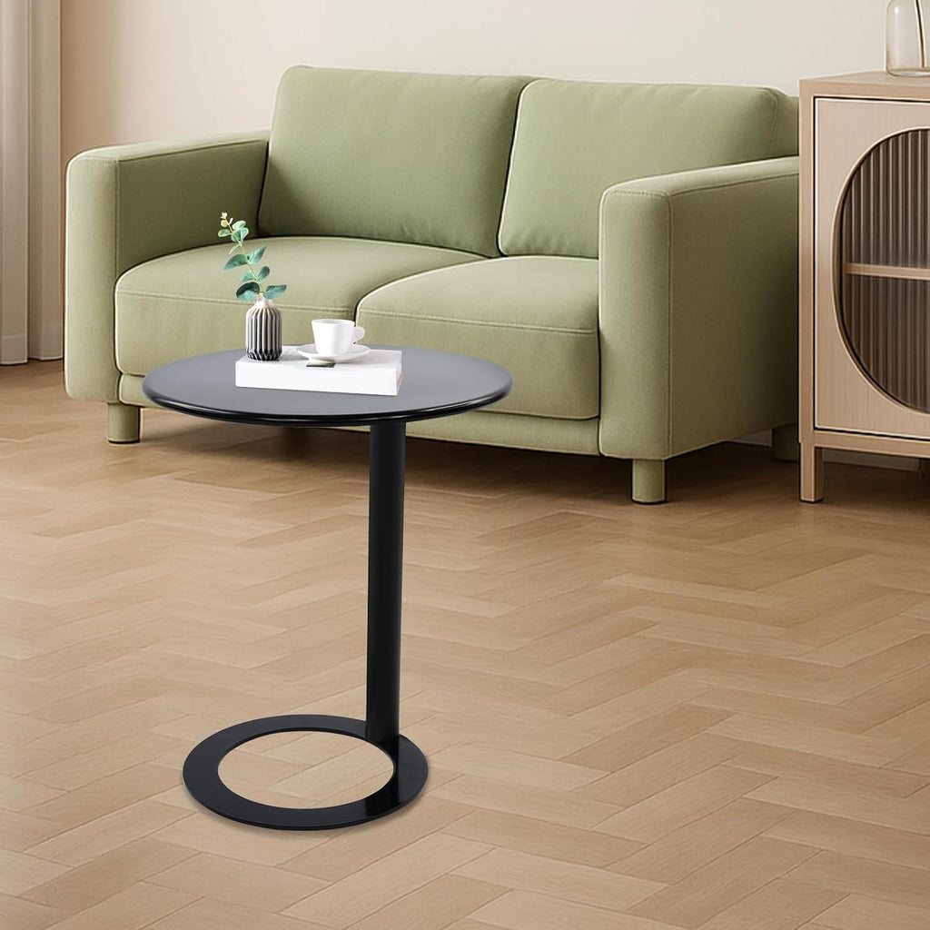 C Shaped Round Side Table, Metal End Table for Couch Sofa Bed, Small Accent Coffee Table with O Shaped Base, Modern Bedside Table for Small Space Living Room Bedroom Office (Black)